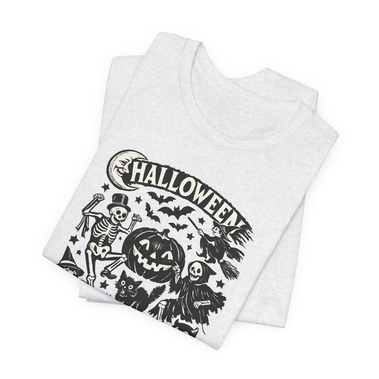 Halloween Vintage Monsters Tee — Retro Pumpkin, Skeleton & Haunted House T-Shirt