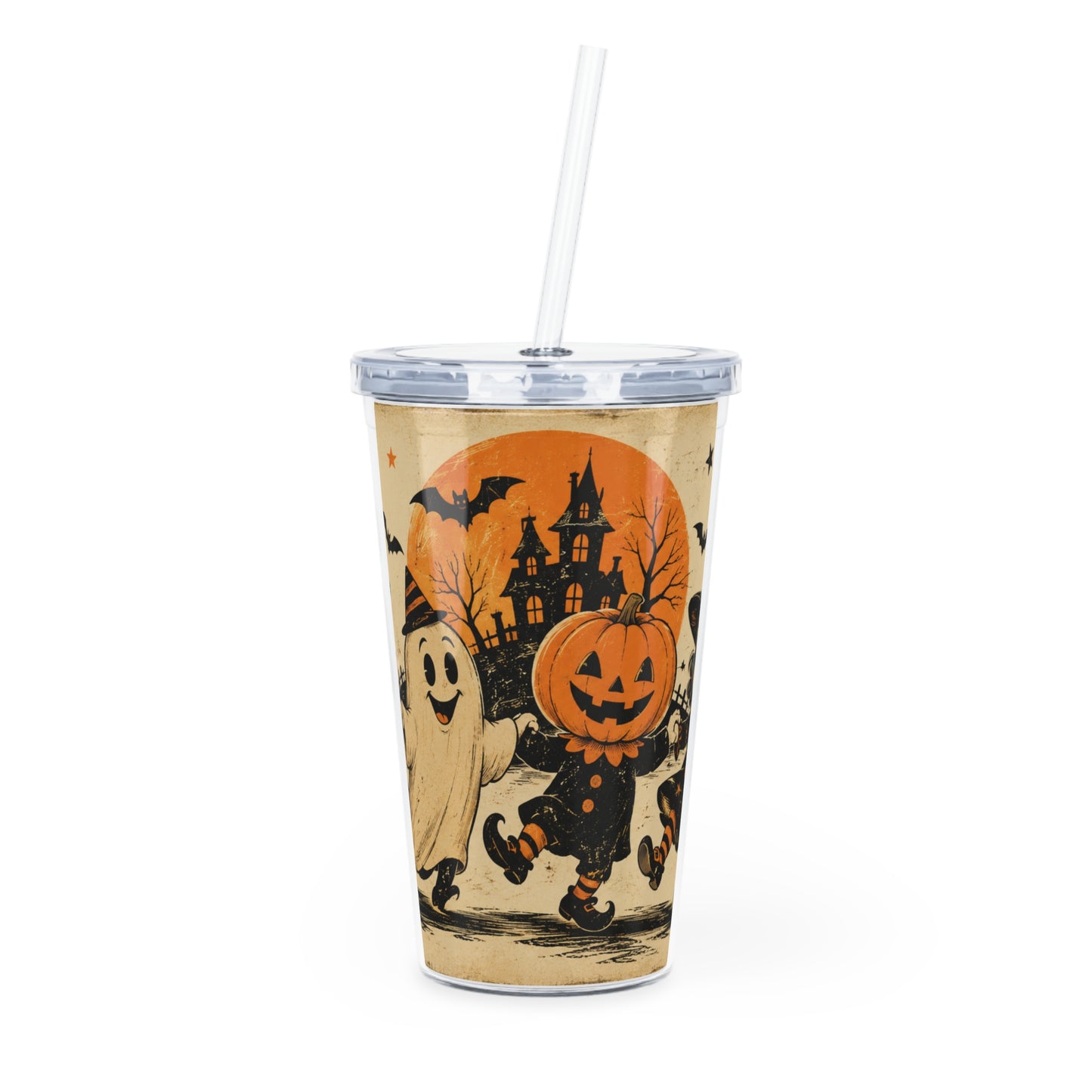 Halloween Ghosts & Pumpkins Tumbler with Straw - Vintage Trick-or-Treat Design