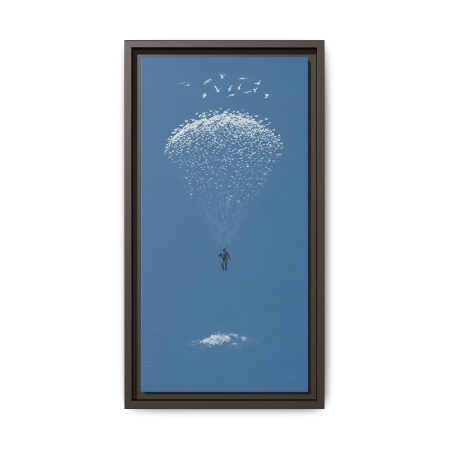 Framed Matte Canvas Art – Sky Diver with Bird Cluster Parachute (Blue)