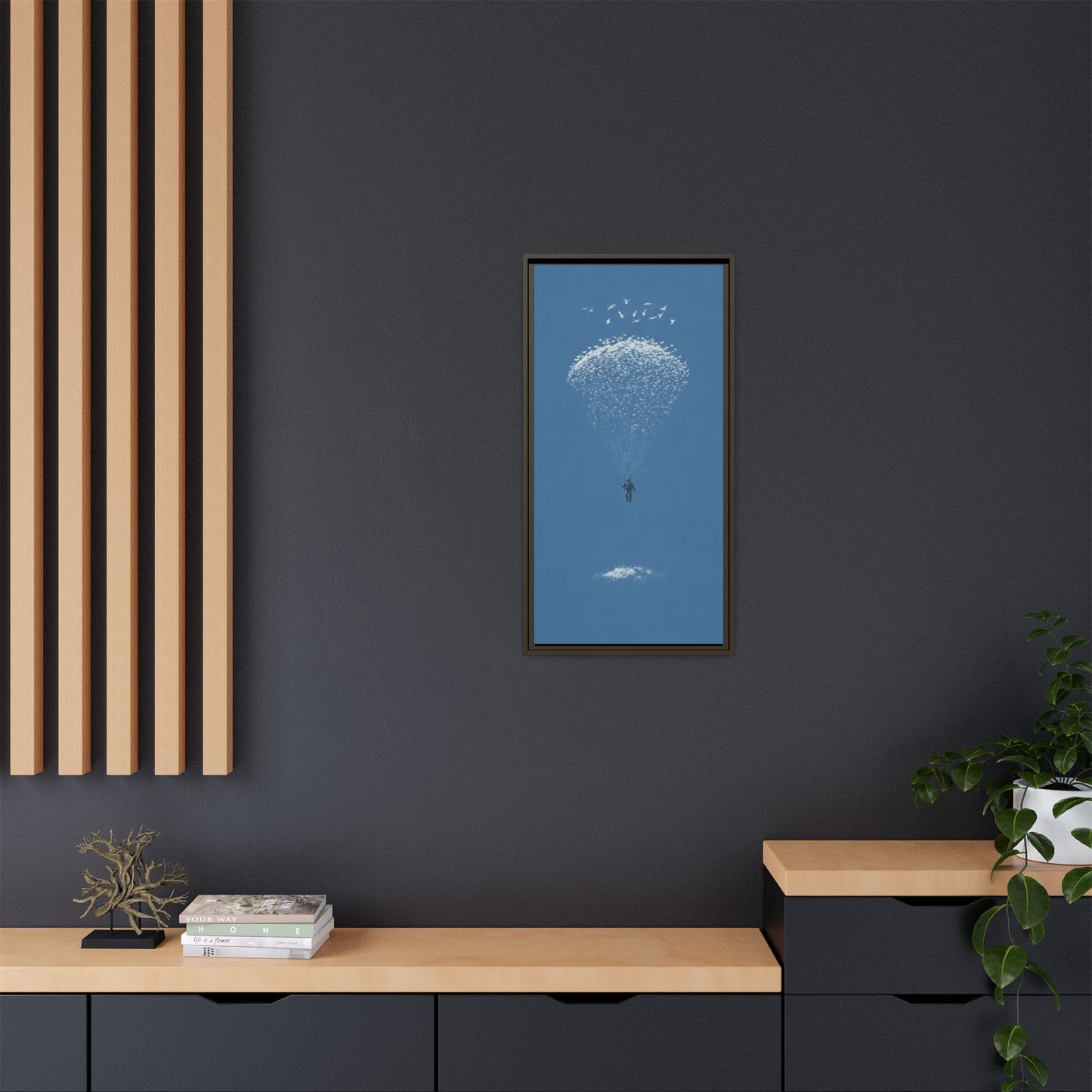 Framed Matte Canvas Art – Sky Diver with Bird Cluster Parachute (Blue)