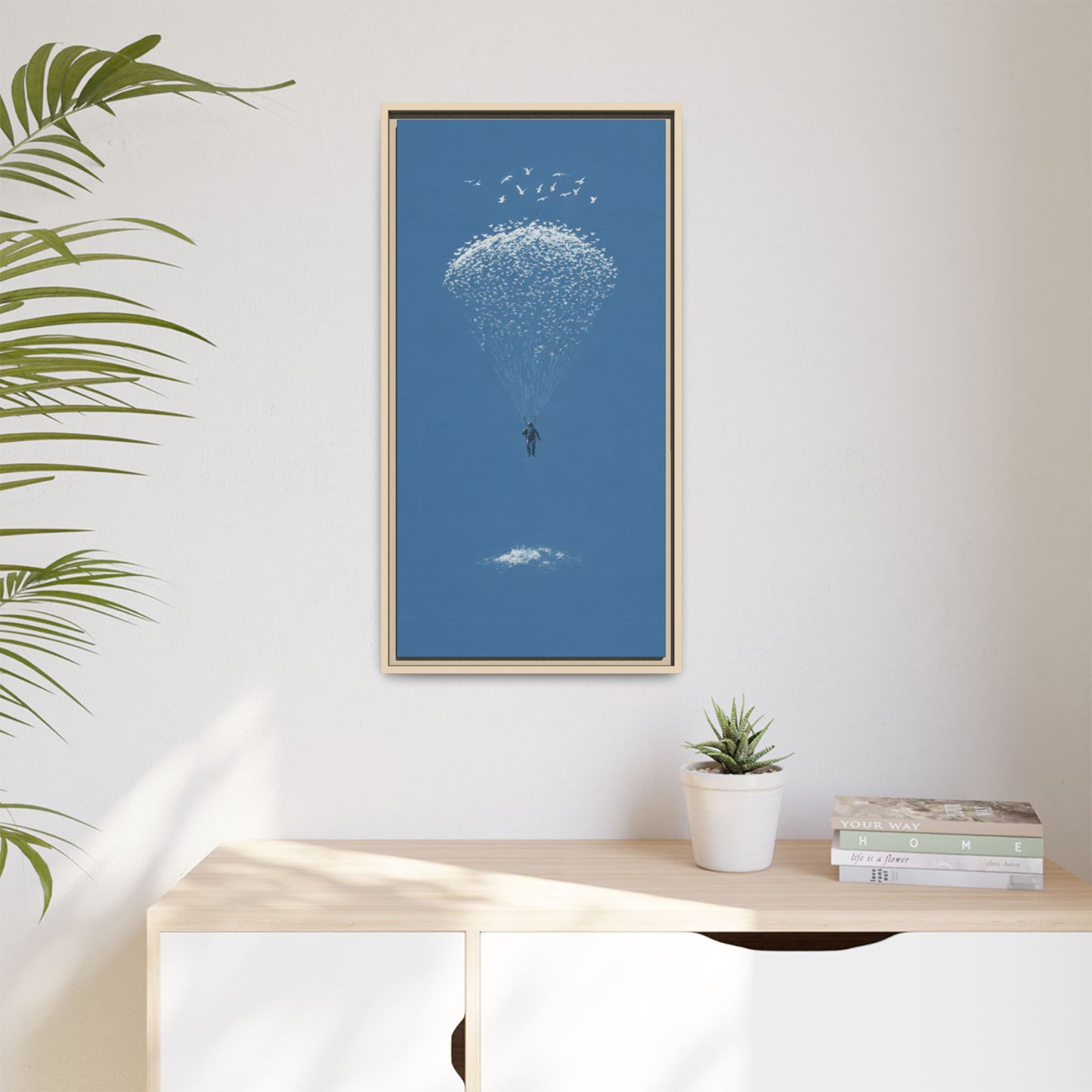 Framed Matte Canvas Art – Sky Diver with Bird Cluster Parachute (Blue)