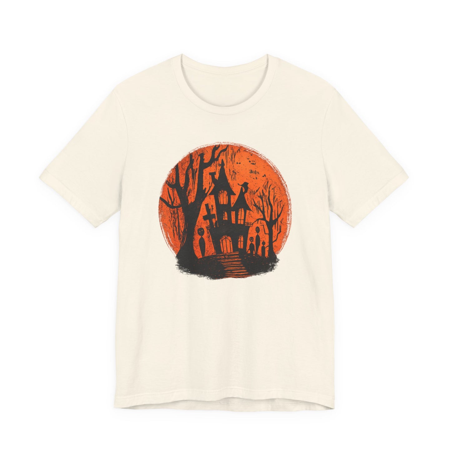 Haunted House Halloween Tee – Spooky Orange Moon Graphic T-Shirt