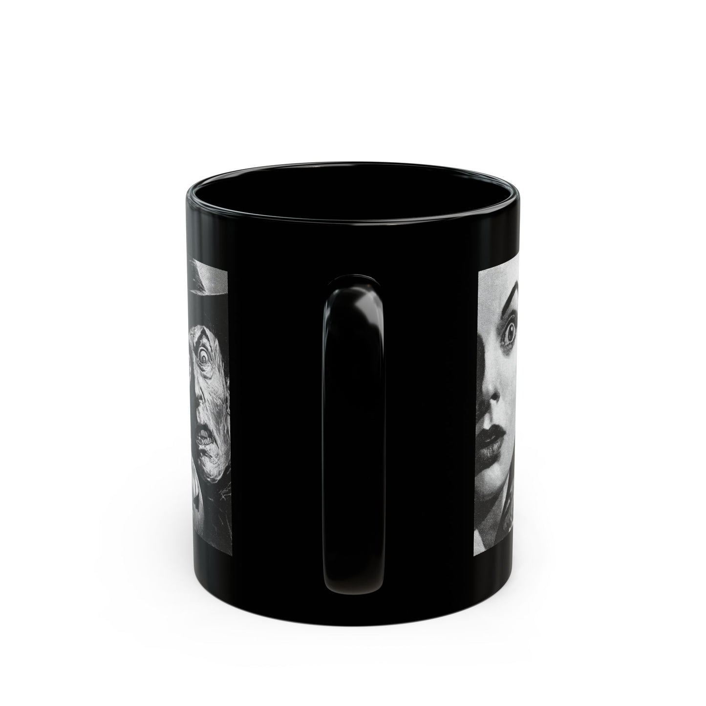 Black Horror Faces Mug — Vintage Silent Film Halloween Coffee Cup (11oz/15oz)