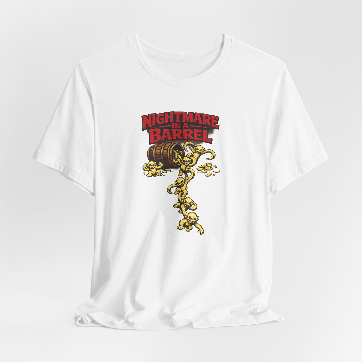 Nightmare in a Barrel T-Shirt — Vintage Horror Barrel Monkey Graphic Tee