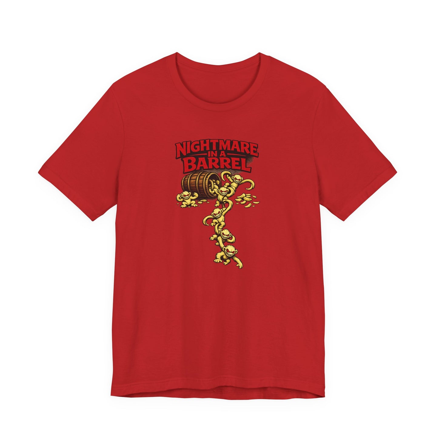 Nightmare in a Barrel T-Shirt — Vintage Horror Barrel Monkey Graphic Tee