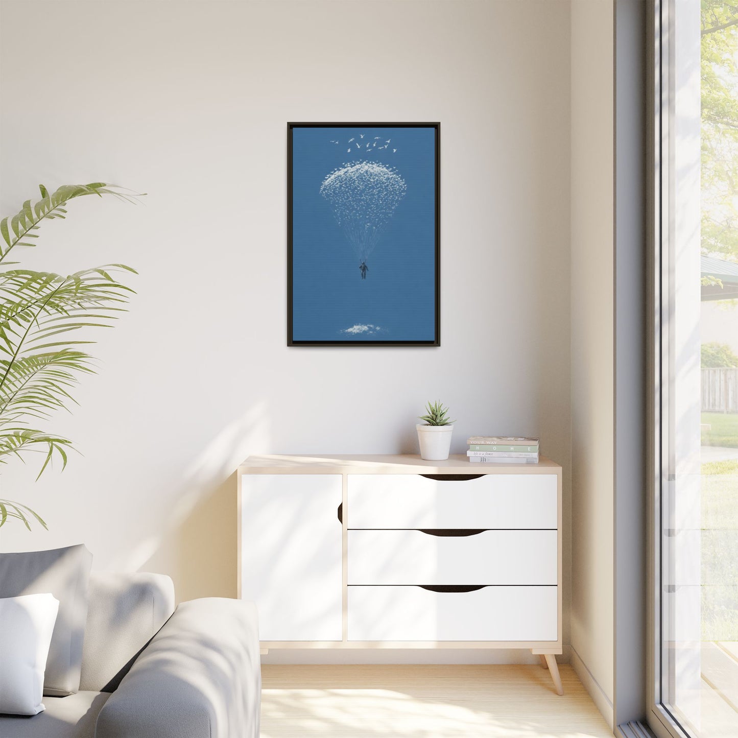 Framed Matte Canvas Art – Sky Diver with Bird Cluster Parachute (Blue)