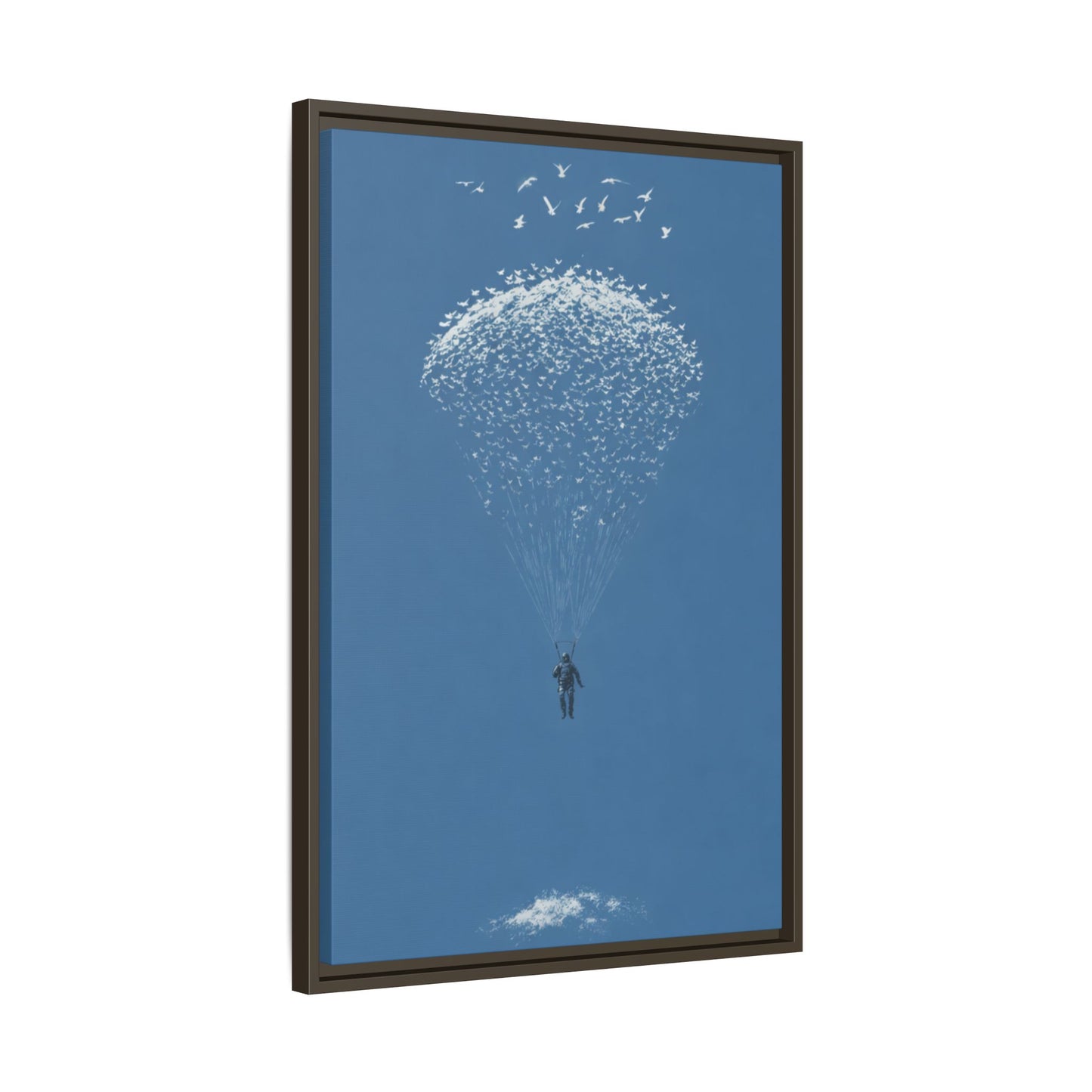 Framed Matte Canvas Art – Sky Diver with Bird Cluster Parachute (Blue)