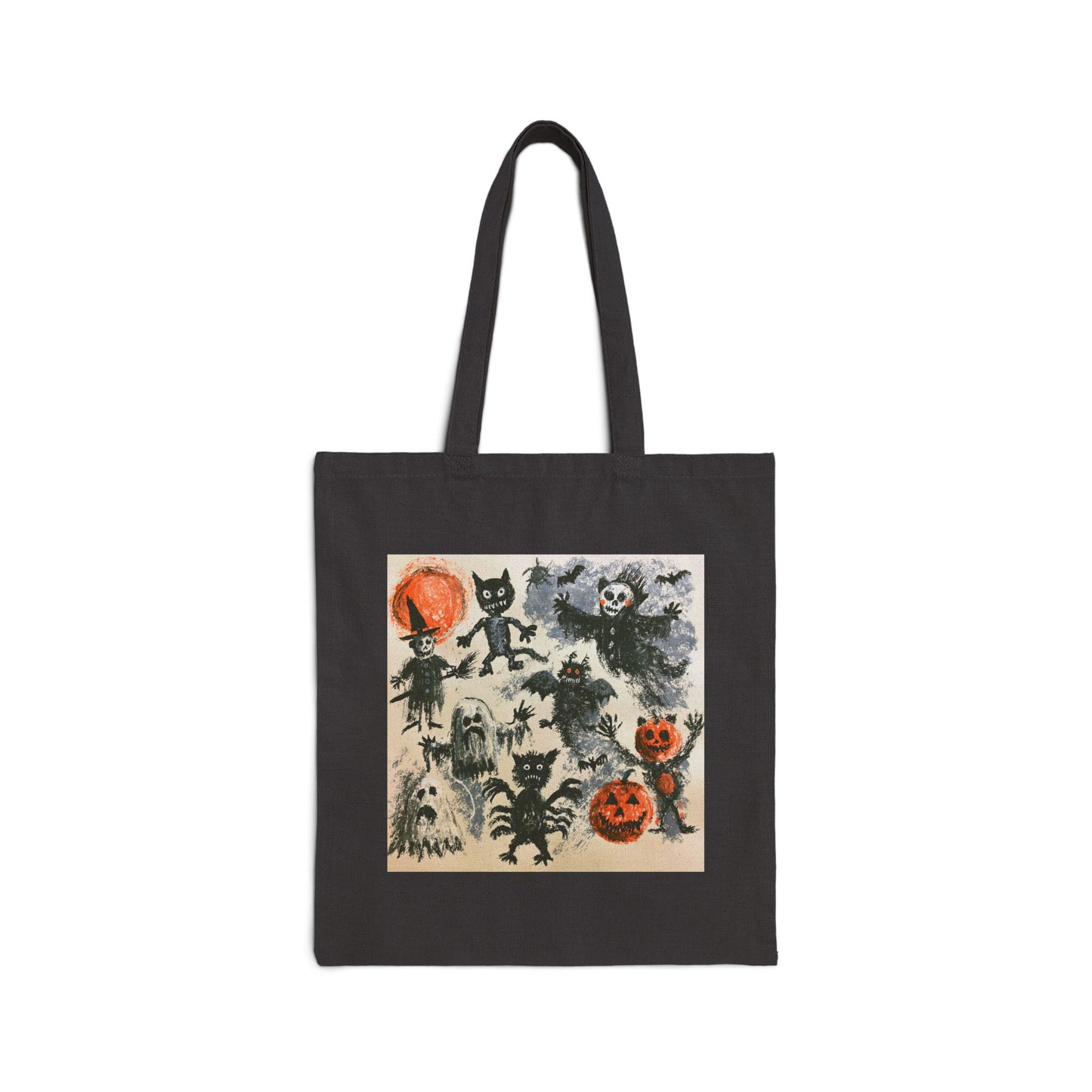 Vintage Halloween Characters Cotton Tote Bag — Retro Pumpkins, Black Cats & Bats Canvas Tote