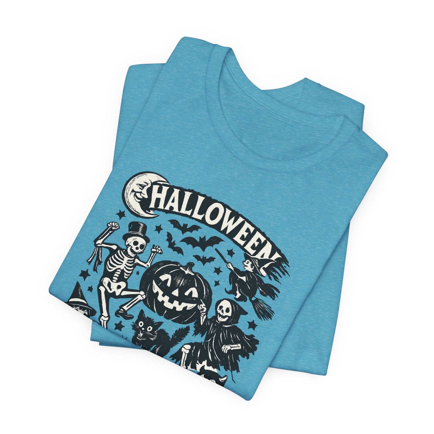 Halloween Vintage Monsters Tee — Retro Pumpkin, Skeleton & Haunted House T-Shirt