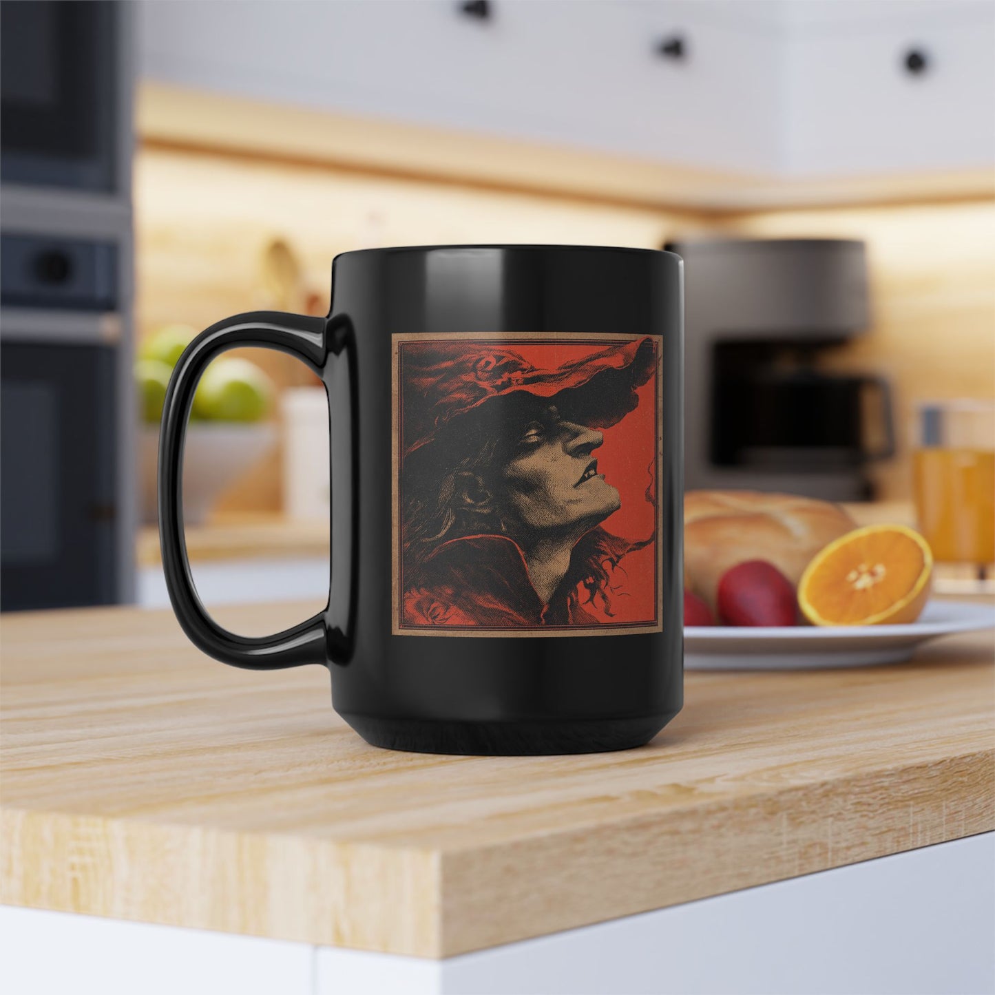 Gothic Witch Portrait Mug — Vintage Red & Black Ceramic Coffee Cup