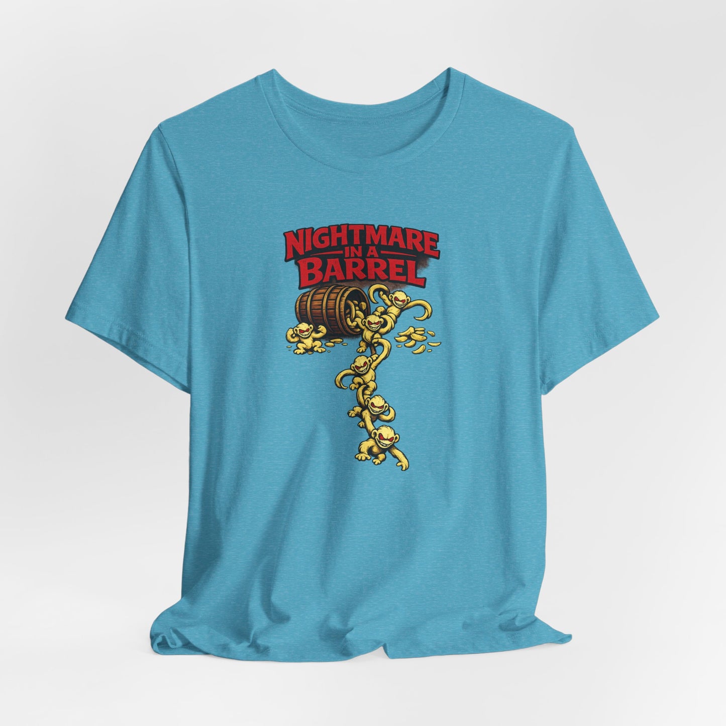 Nightmare in a Barrel T-Shirt — Vintage Horror Barrel Monkey Graphic Tee