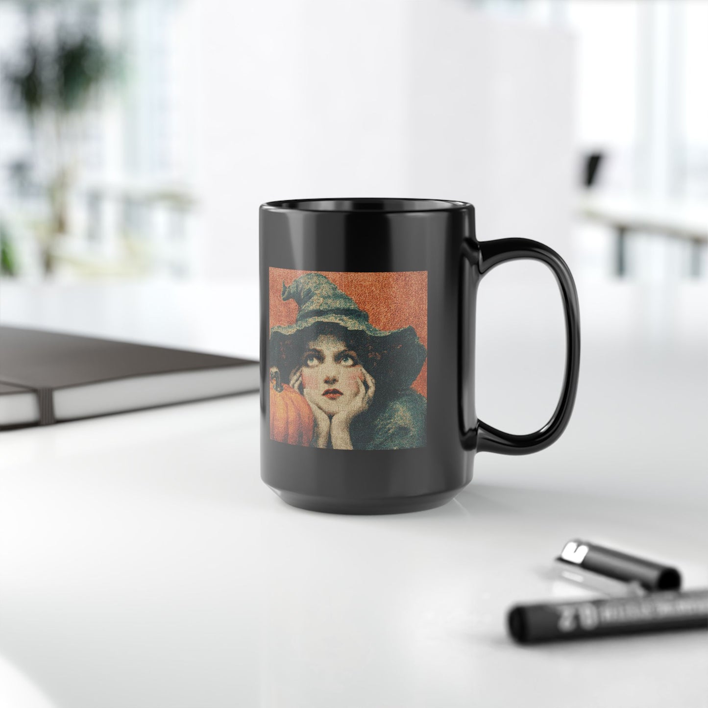 Vintage Witch Pumpkin Black Mug – Halloween Retro Coffee Cup (11oz & 15oz)