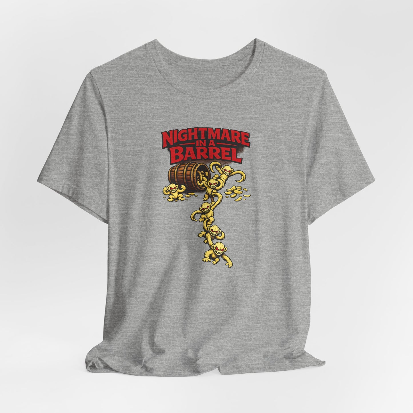Nightmare in a Barrel T-Shirt — Vintage Horror Barrel Monkey Graphic Tee