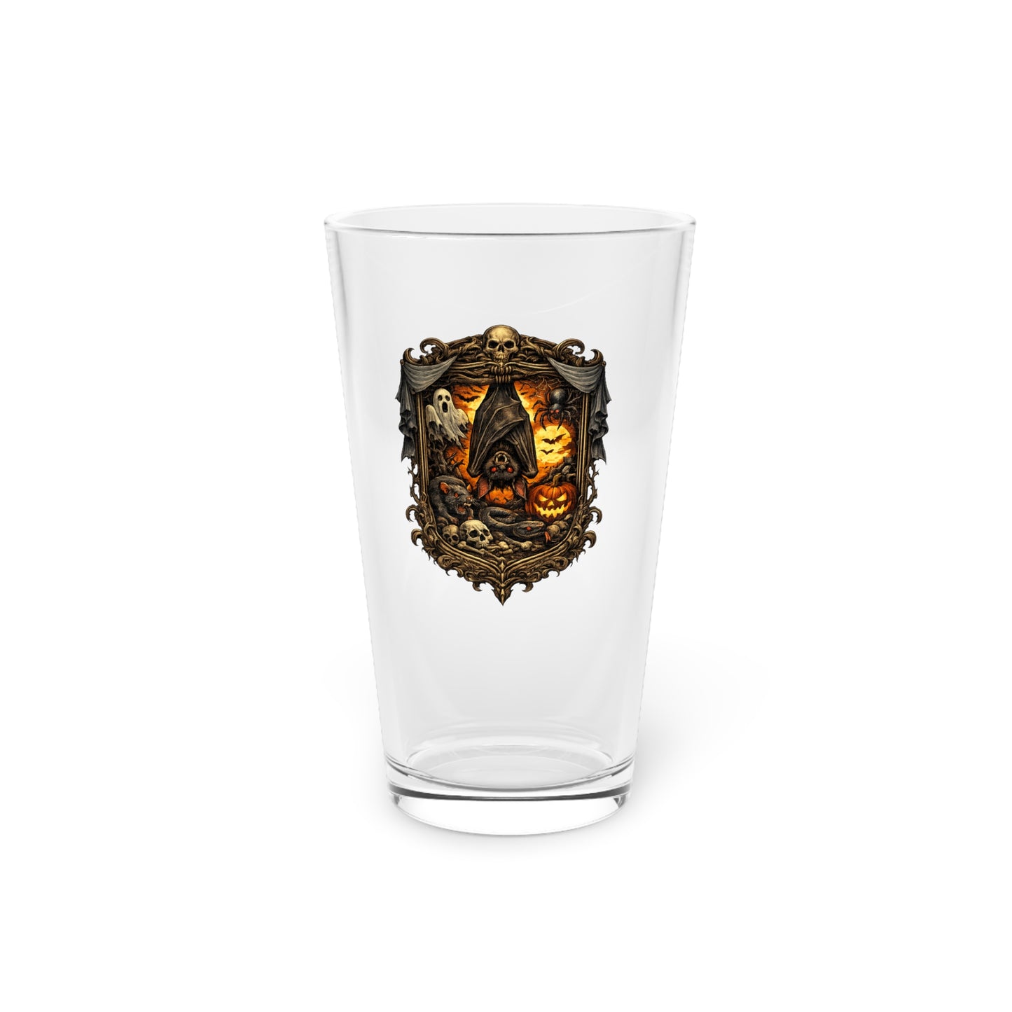 Halloween Skull Mason Pint Glass – Spooky Pumpkin & Vampire Bat Beer Glass (16oz)