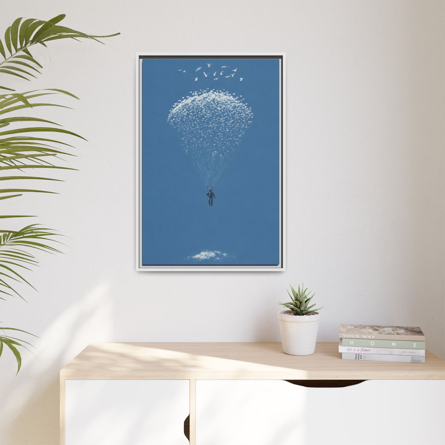 Framed Matte Canvas Art – Sky Diver with Bird Cluster Parachute (Blue)