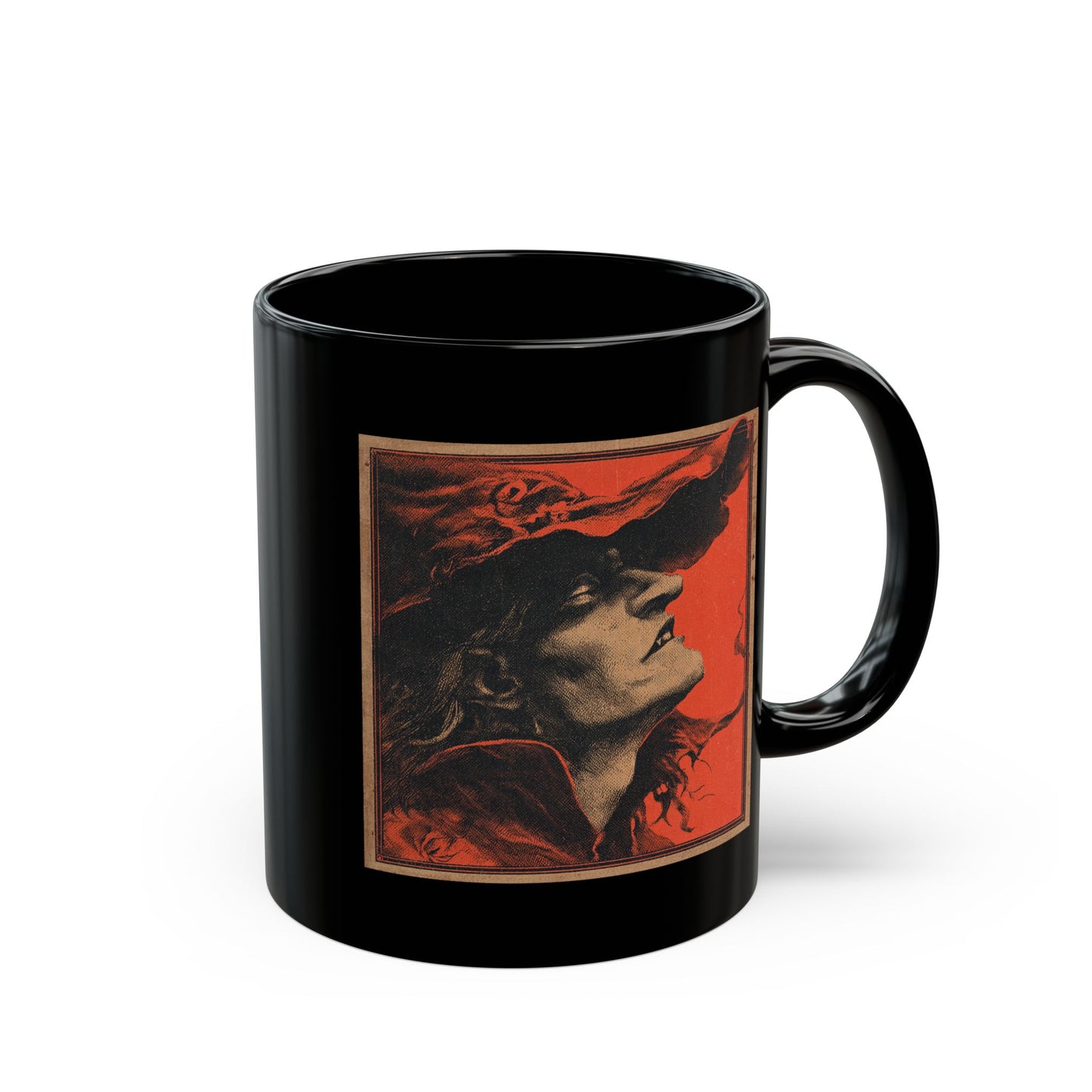 Gothic Witch Portrait Mug — Vintage Red & Black Ceramic Coffee Cup