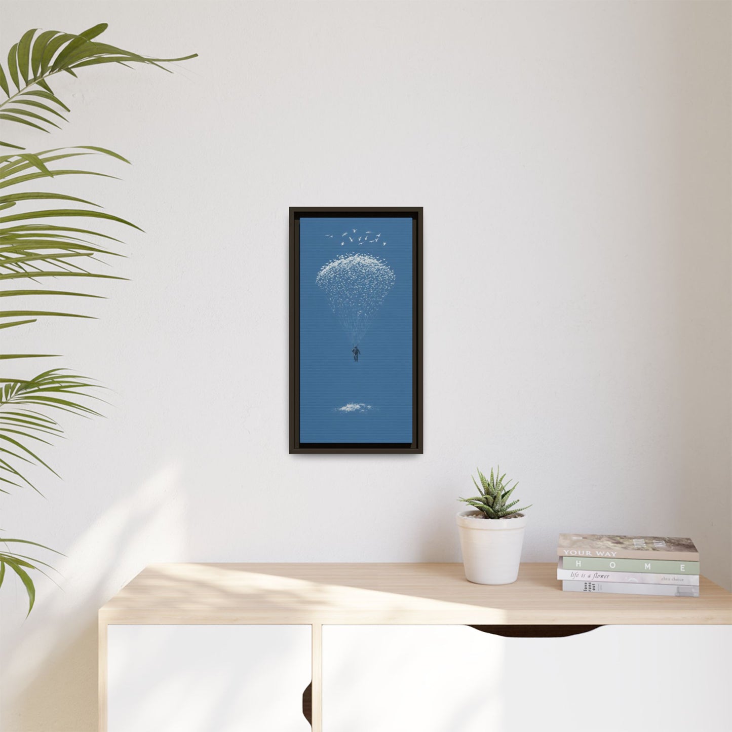 Framed Matte Canvas Art – Sky Diver with Bird Cluster Parachute (Blue)
