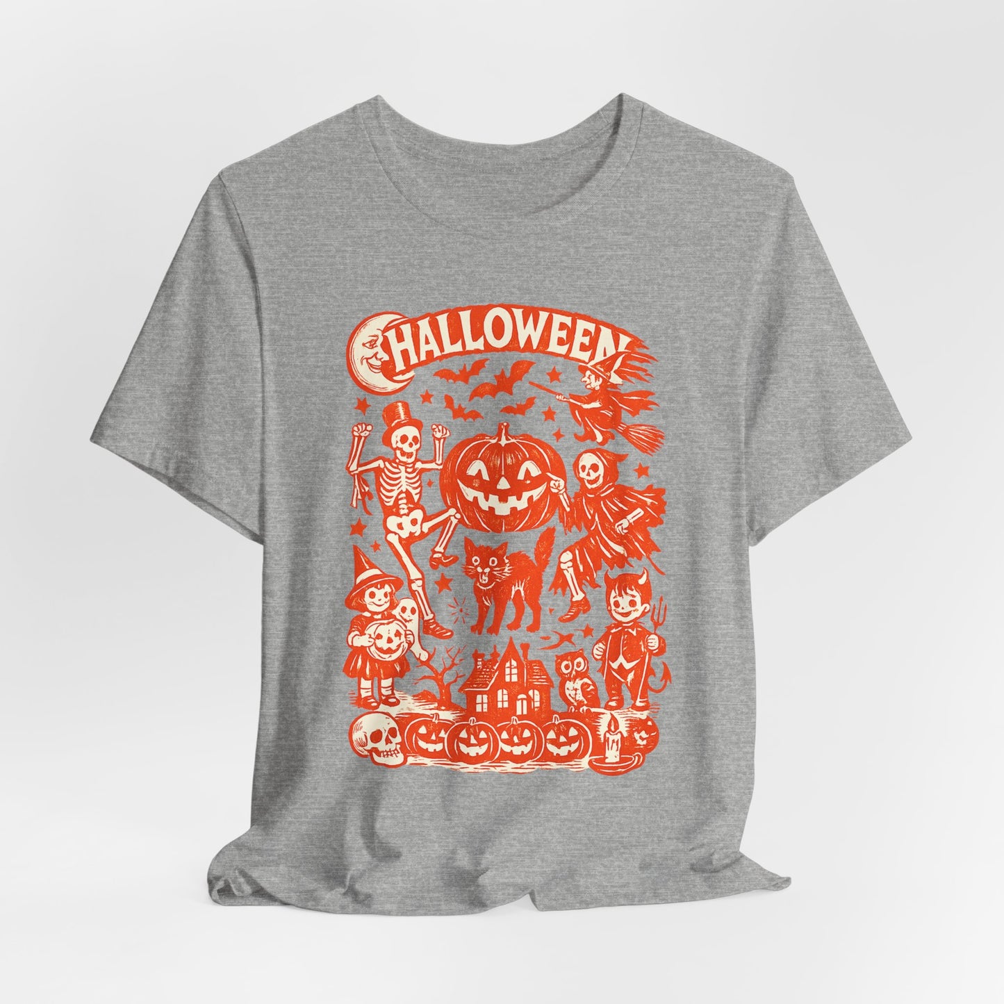 Halloween Retro Graphic Tee — Orange Vintage Spooky Characters