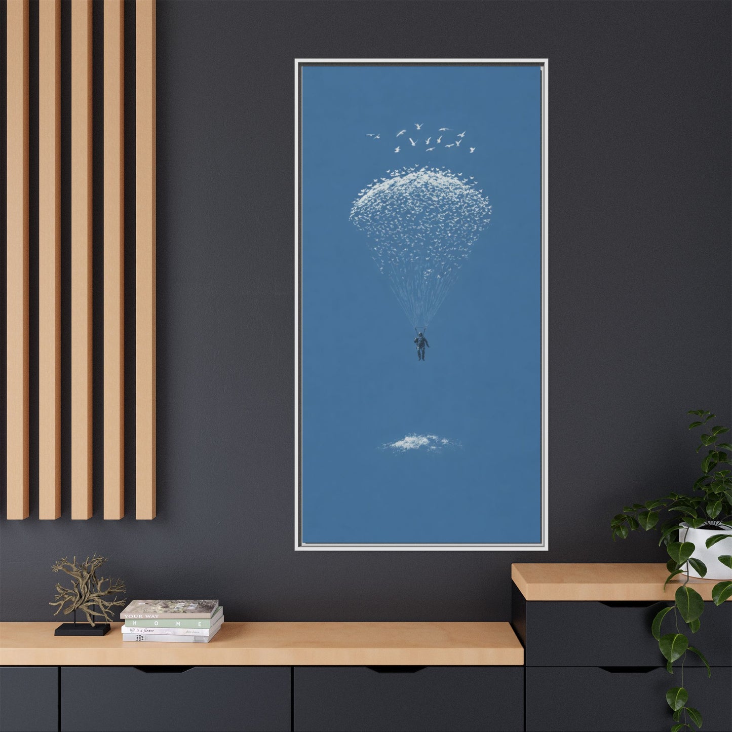 Framed Matte Canvas Art – Sky Diver with Bird Cluster Parachute (Blue)