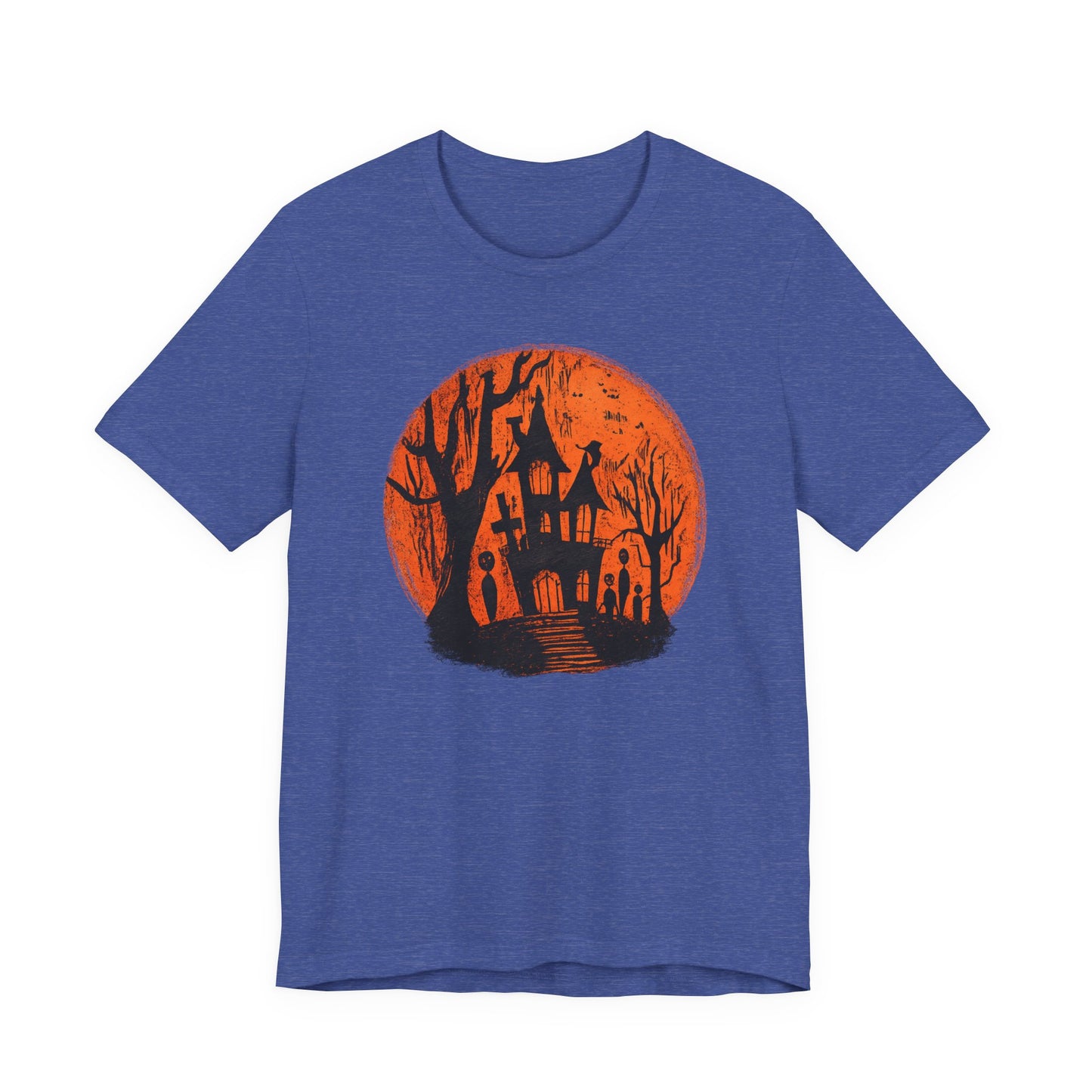 Haunted House Halloween Tee – Spooky Orange Moon Graphic T-Shirt