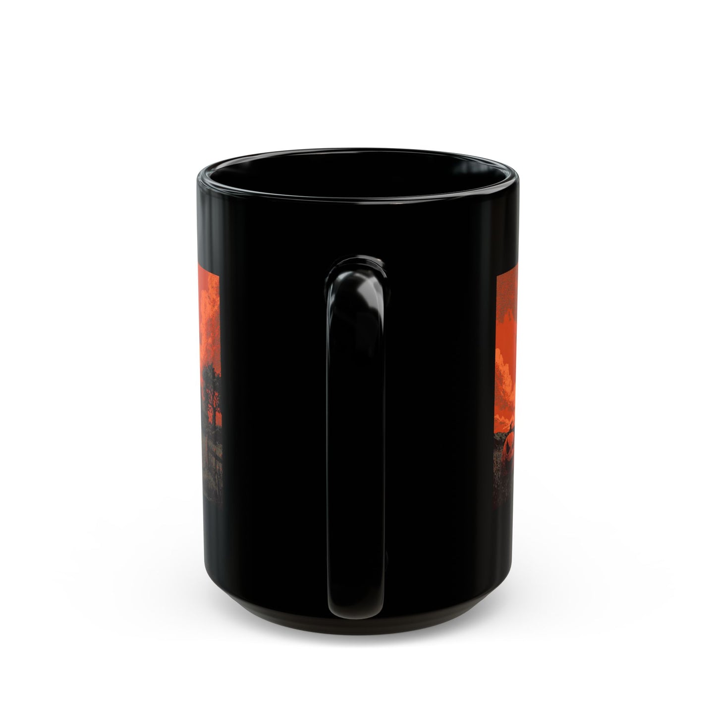 Halloween Pumpkin Field Black Mug — Spooky Haunted House Coffee Cup (11oz/15oz)
