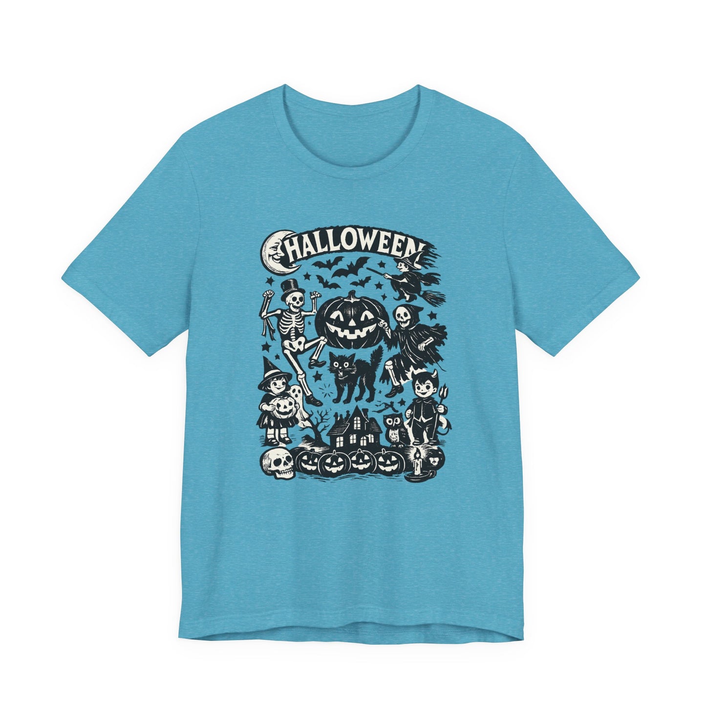 Halloween Vintage Monsters Tee — Retro Pumpkin, Skeleton & Haunted House T-Shirt