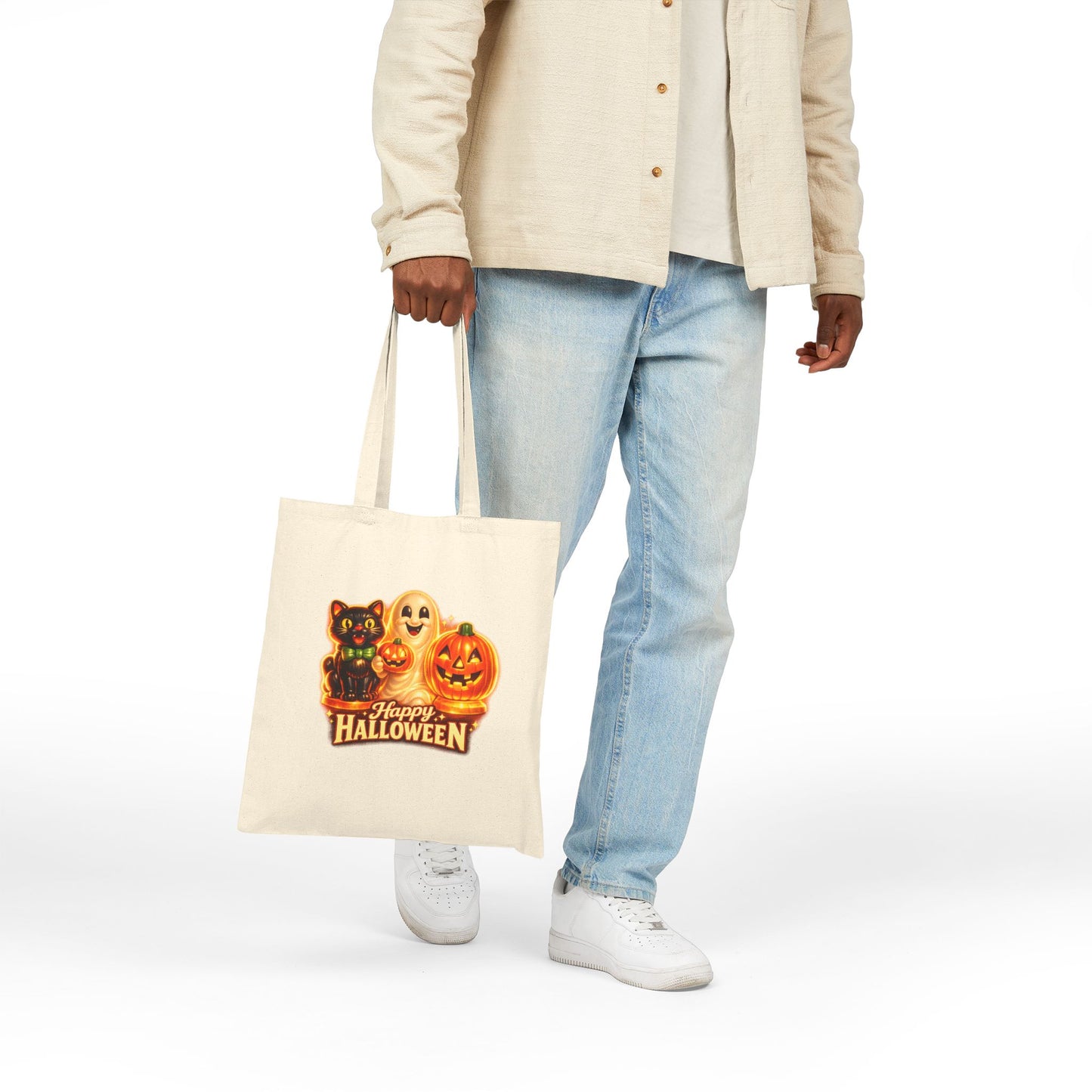 Halloween Canvas Tote Bag — "Happy Halloween" Blow Mold, Cat, Ghost & Jack-O'-Lantern Trick-or-Treat Bag