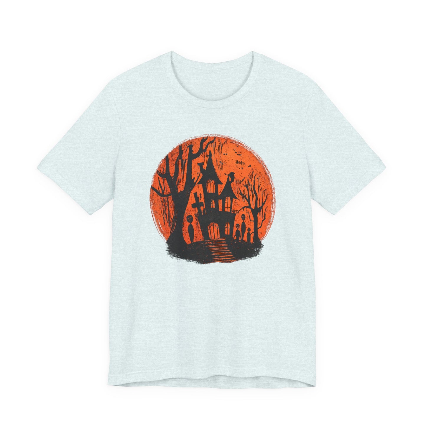 Haunted House Halloween Tee – Spooky Orange Moon Graphic T-Shirt