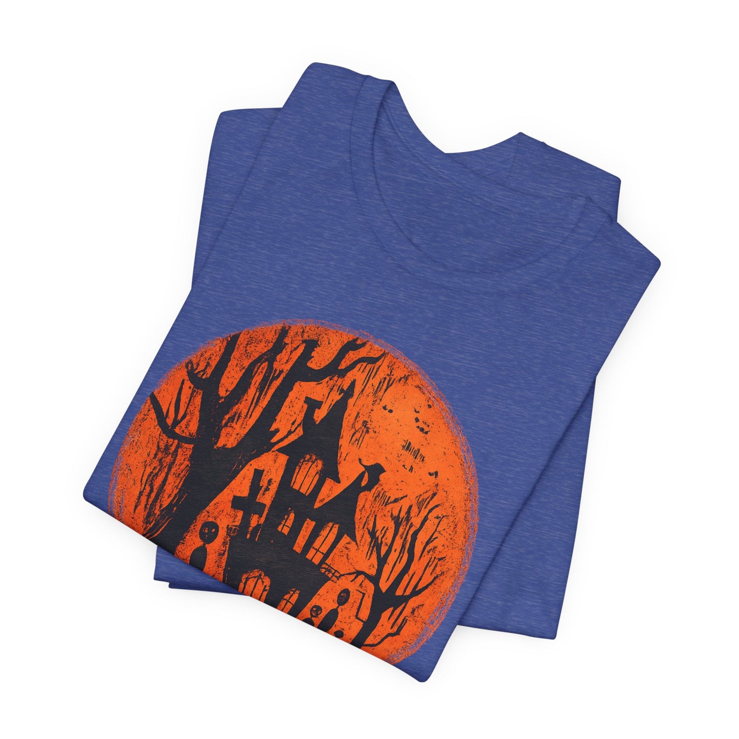 Haunted House Halloween Tee – Spooky Orange Moon Graphic T-Shirt