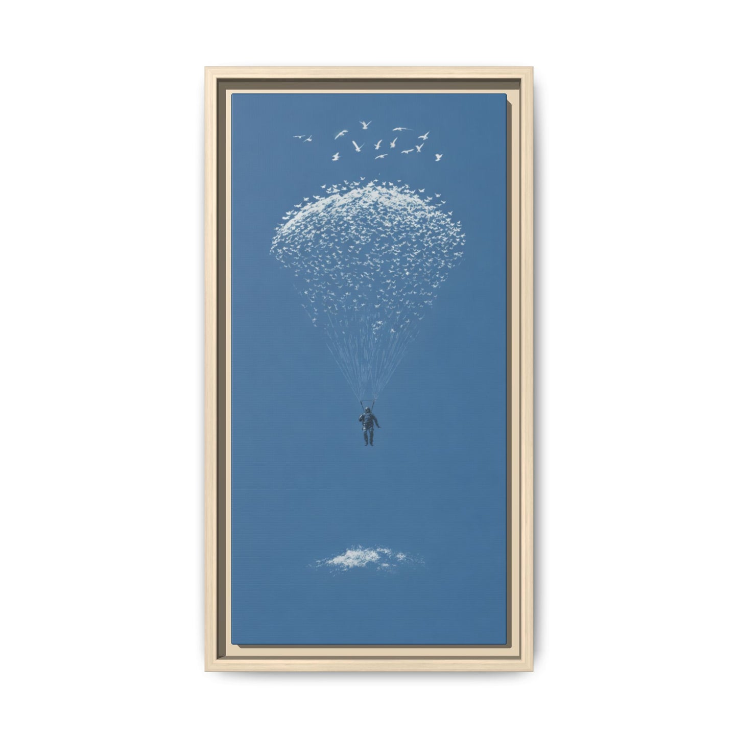 Framed Matte Canvas Art – Sky Diver with Bird Cluster Parachute (Blue)