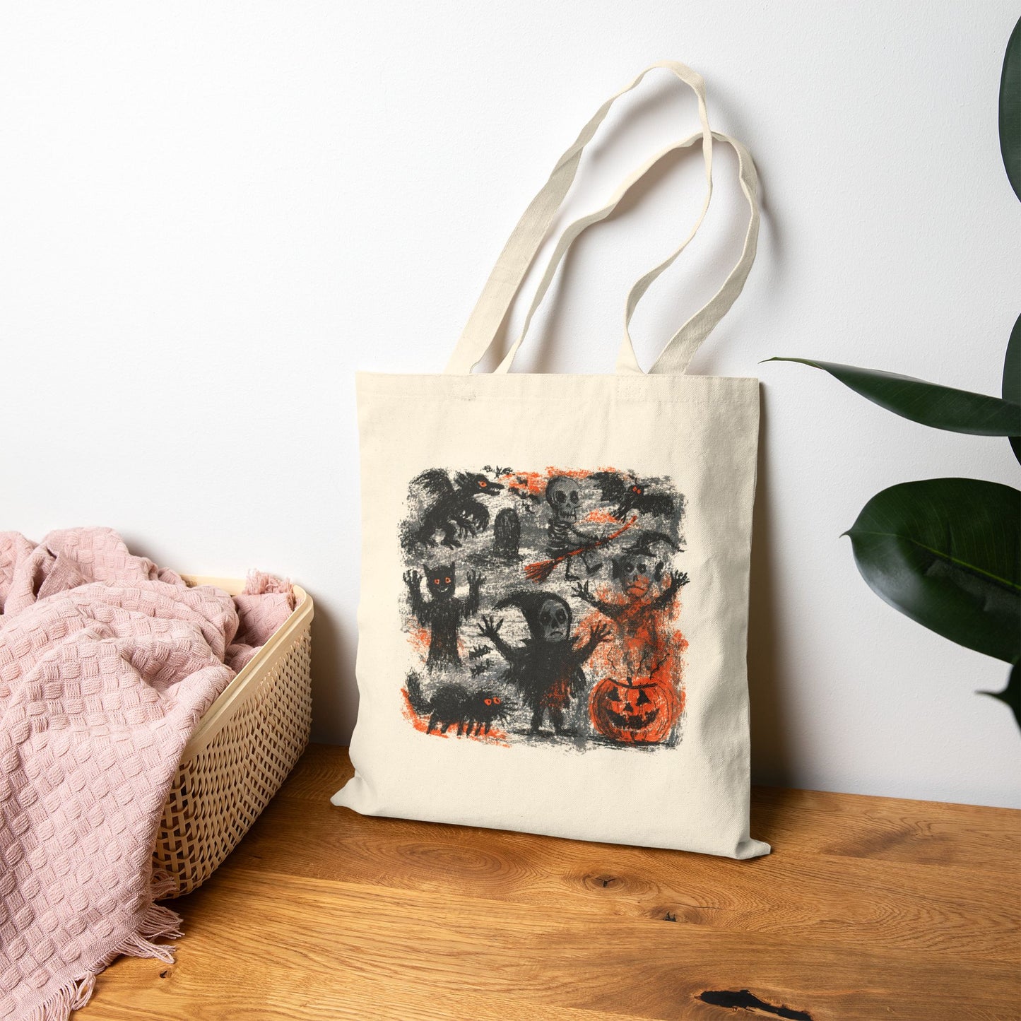 Kids Halloween Haunted Scene Trick or Treat Bag — Spooky Pumpkin & Ghost Cotton Canvas Tote