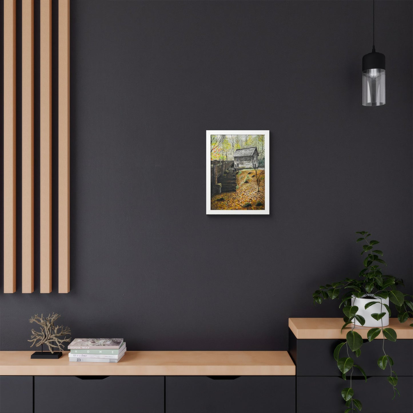 Original Artist Print by Scott Barbee Autumn Mill Framed Poster — Rustic Watercolor Cabin Wall Art