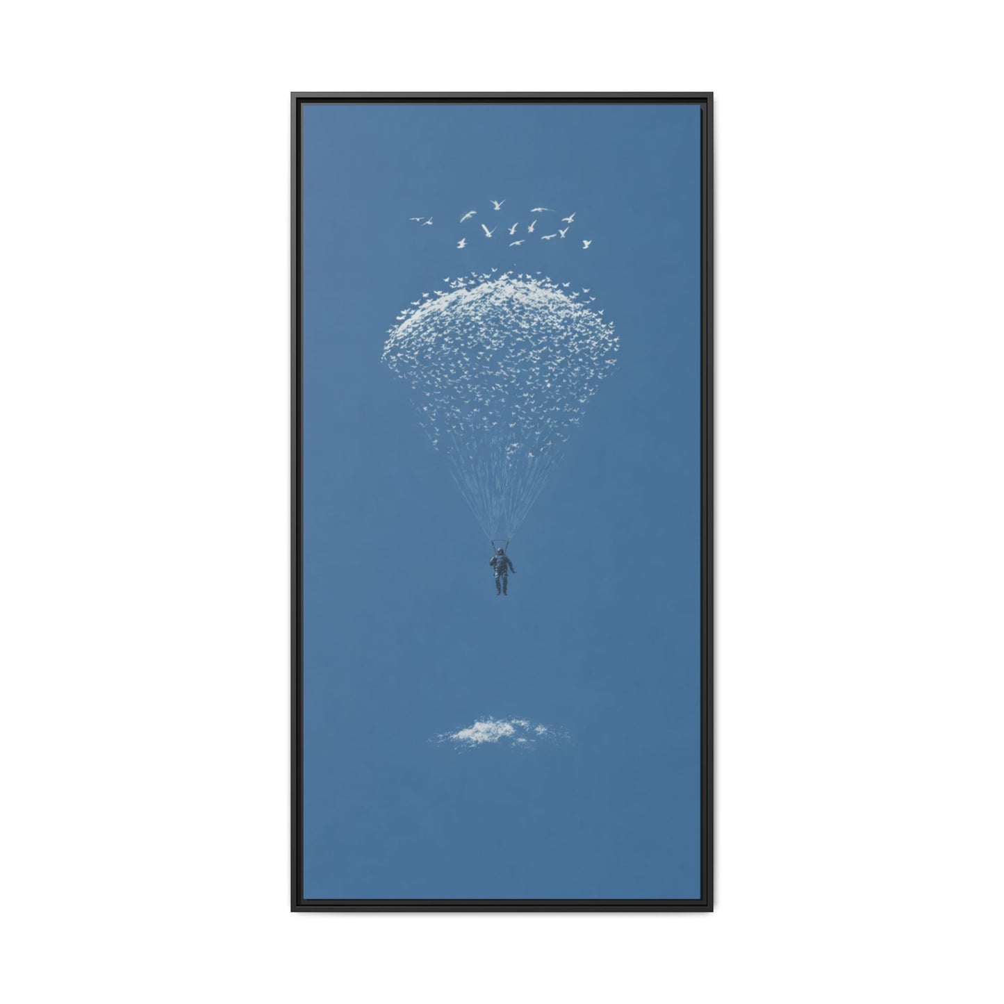 Framed Matte Canvas Art – Sky Diver with Bird Cluster Parachute (Blue)