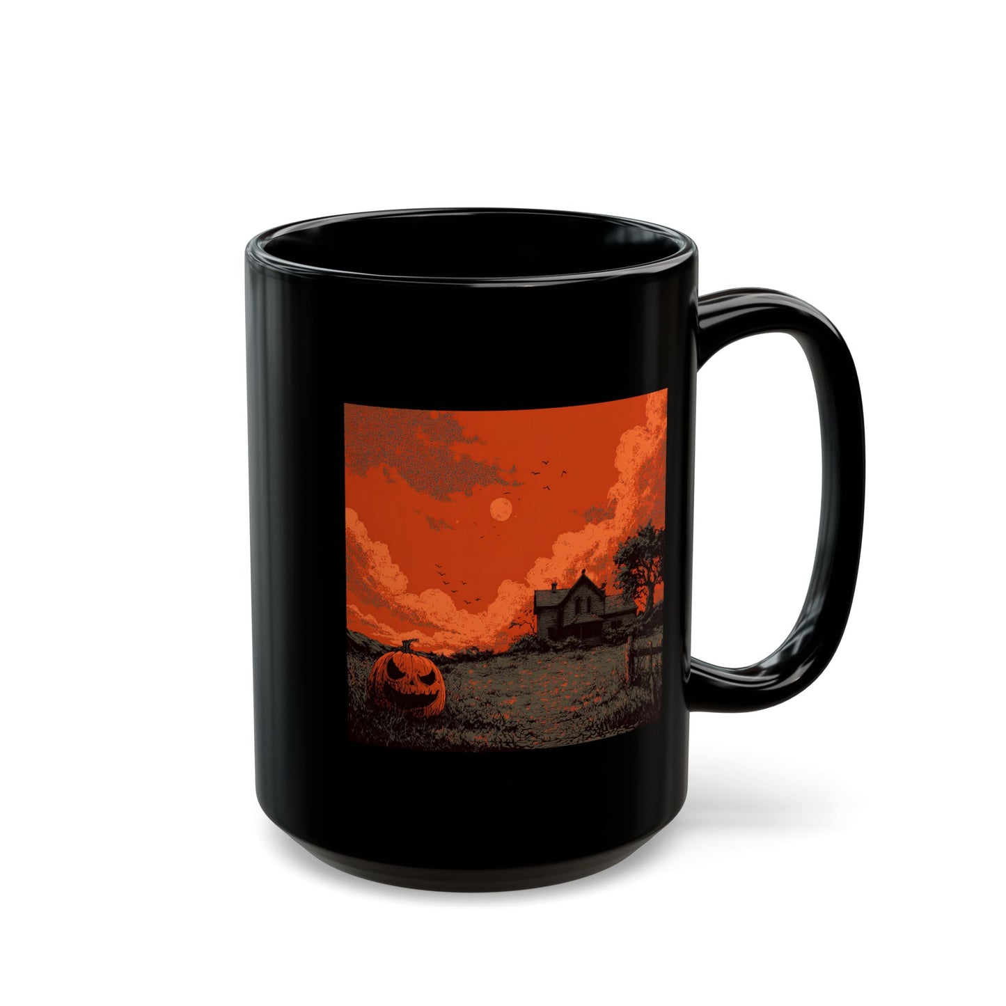 Halloween Pumpkin Field Black Mug — Spooky Haunted House Coffee Cup (11oz/15oz)