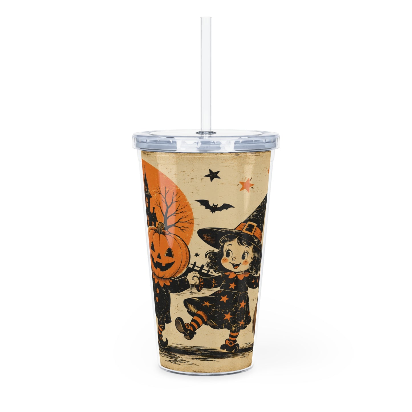 Halloween Ghosts & Pumpkins Tumbler with Straw - Vintage Trick-or-Treat Design