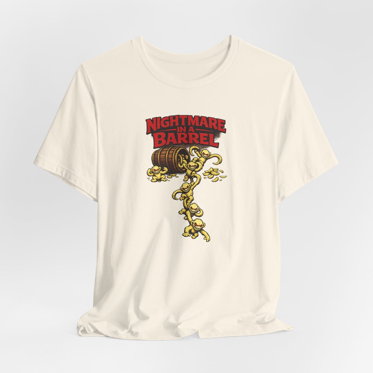 Nightmare in a Barrel T-Shirt — Vintage Horror Barrel Monkey Graphic Tee