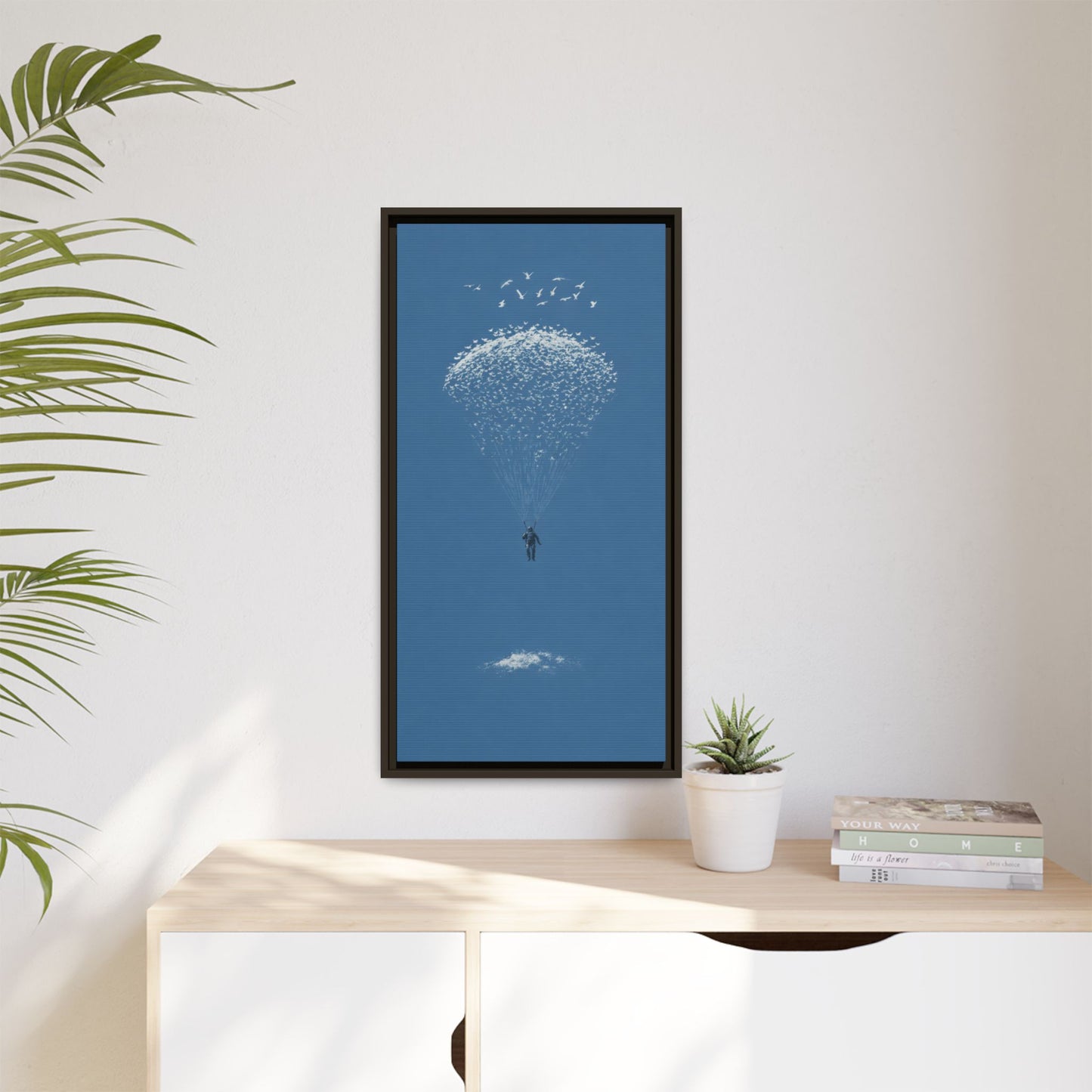 Framed Matte Canvas Art – Sky Diver with Bird Cluster Parachute (Blue)