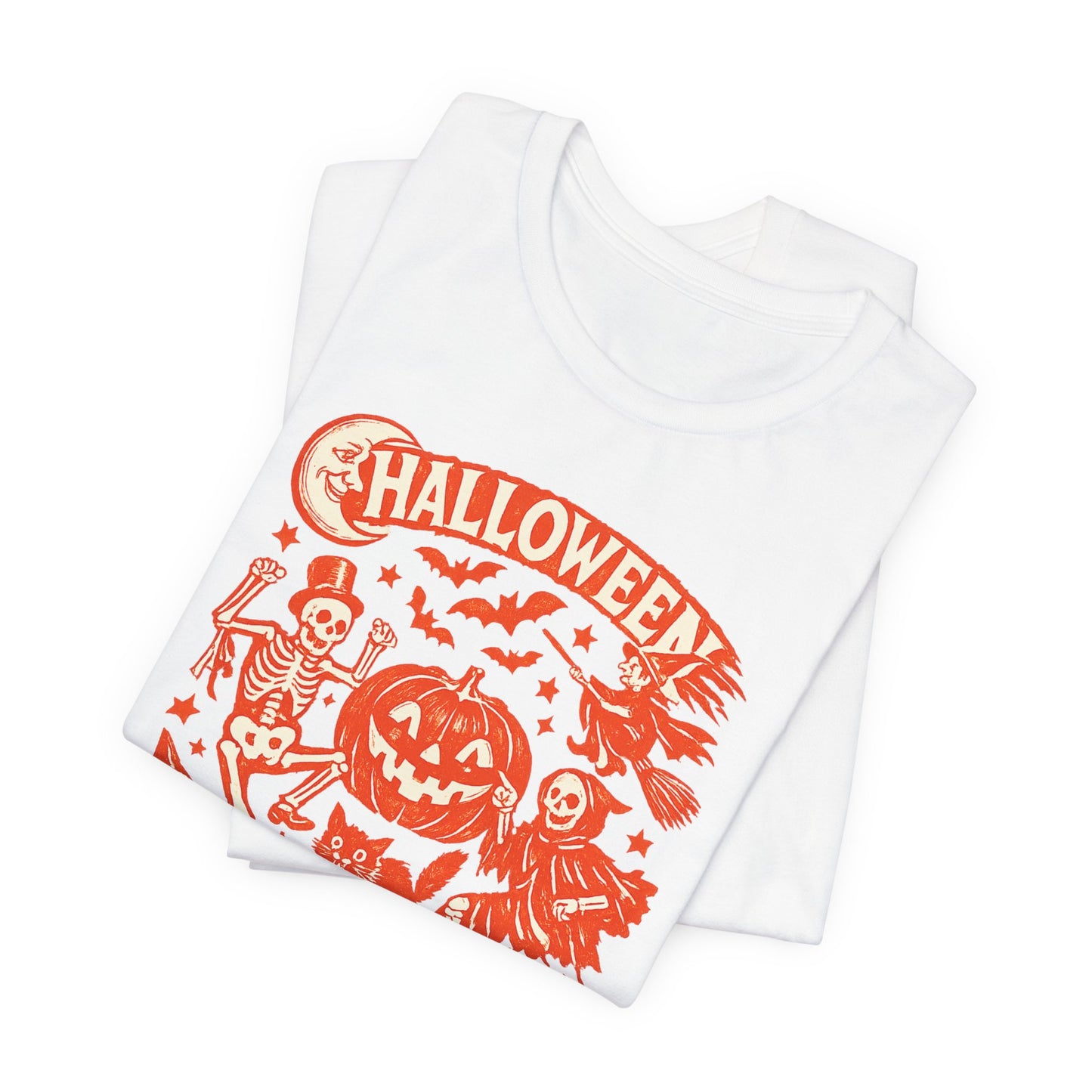 Halloween Retro Graphic Tee — Orange Vintage Spooky Characters