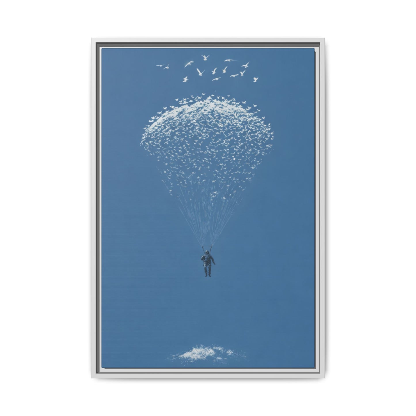 Framed Matte Canvas Art – Sky Diver with Bird Cluster Parachute (Blue)