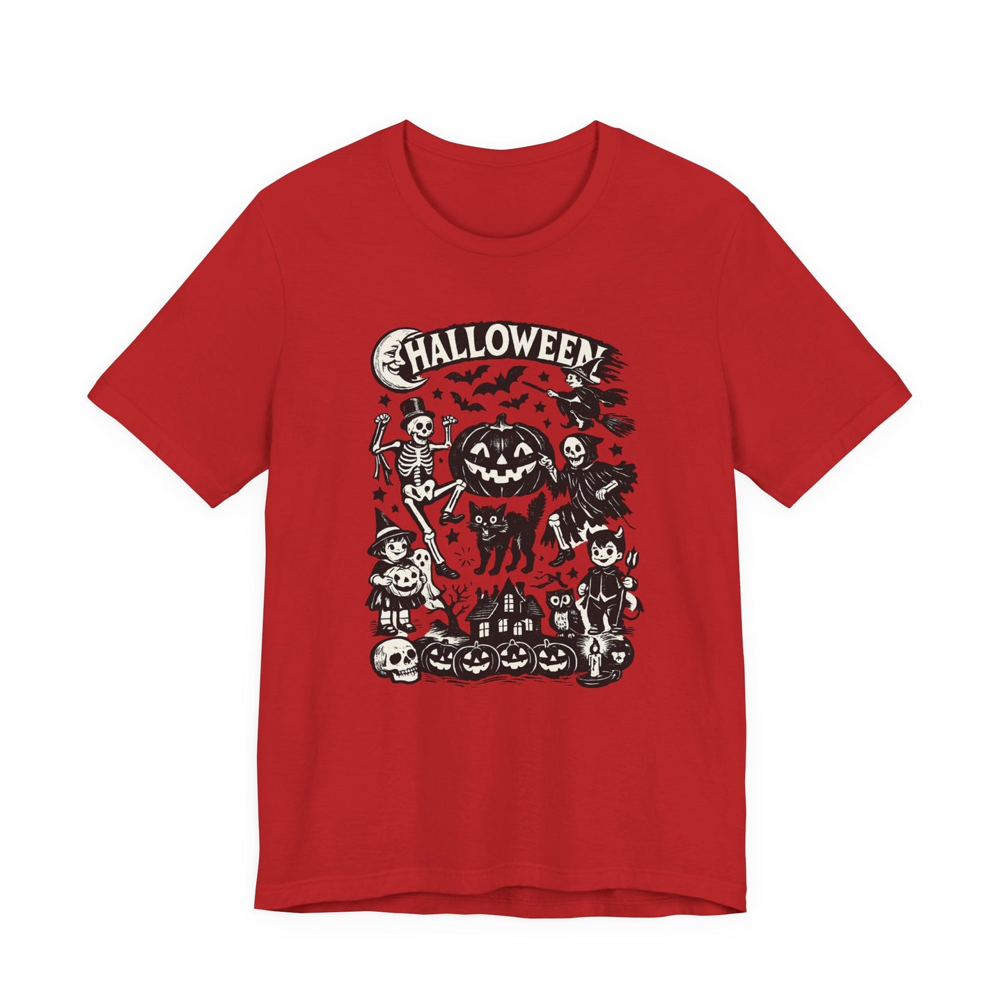 Halloween Vintage Monsters Tee — Retro Pumpkin, Skeleton & Haunted House T-Shirt