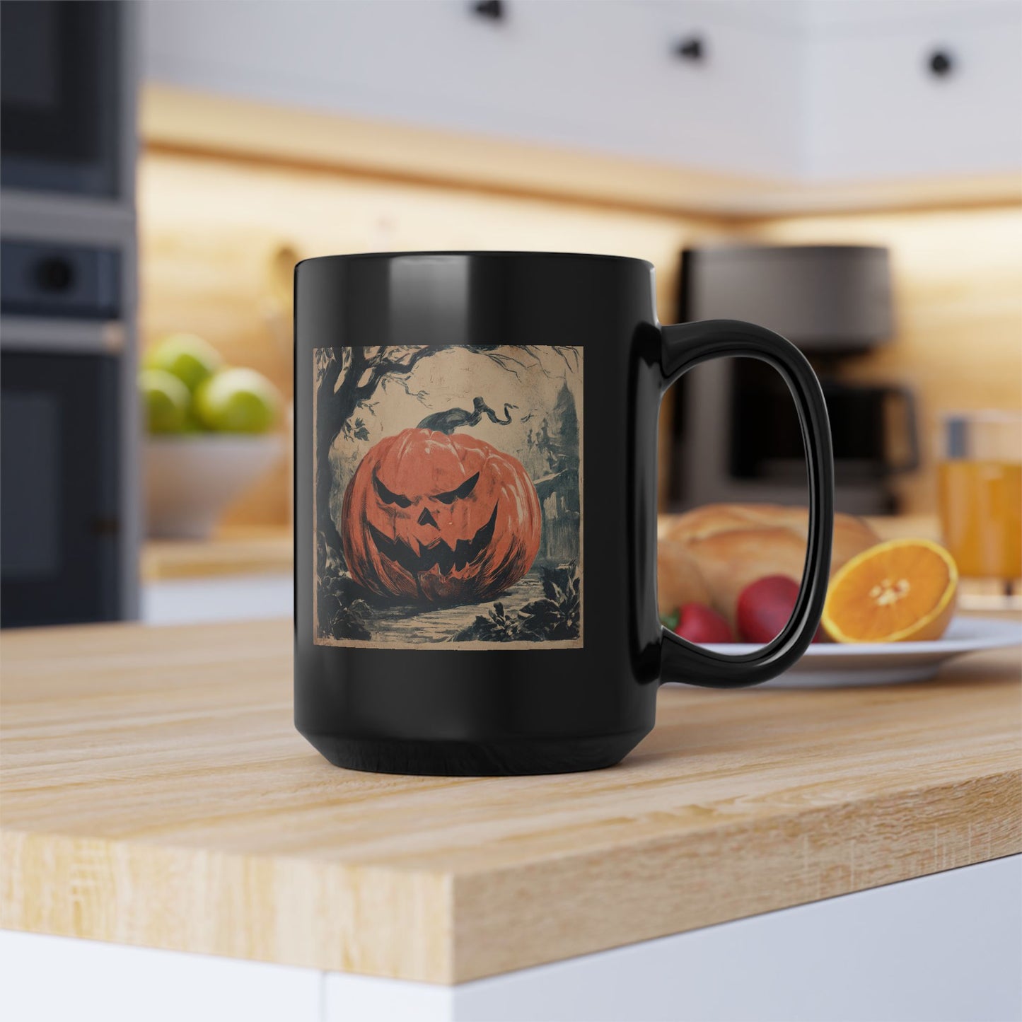 Halloween Pumpkin Jack-O'-Lantern Black Mug — Spooky Vintage Halloween Coffee Cup (11oz, 15oz)