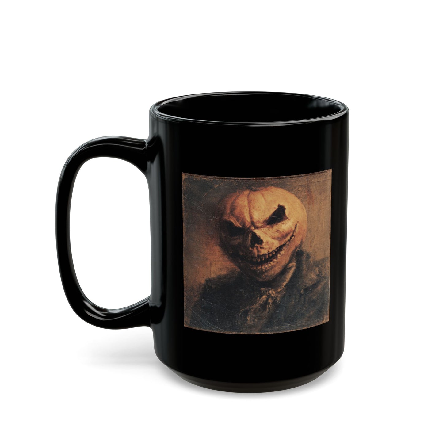 Spooky Pumpkin Head Black Mug — Halloween Horror Coffee Cup (11oz/15oz)