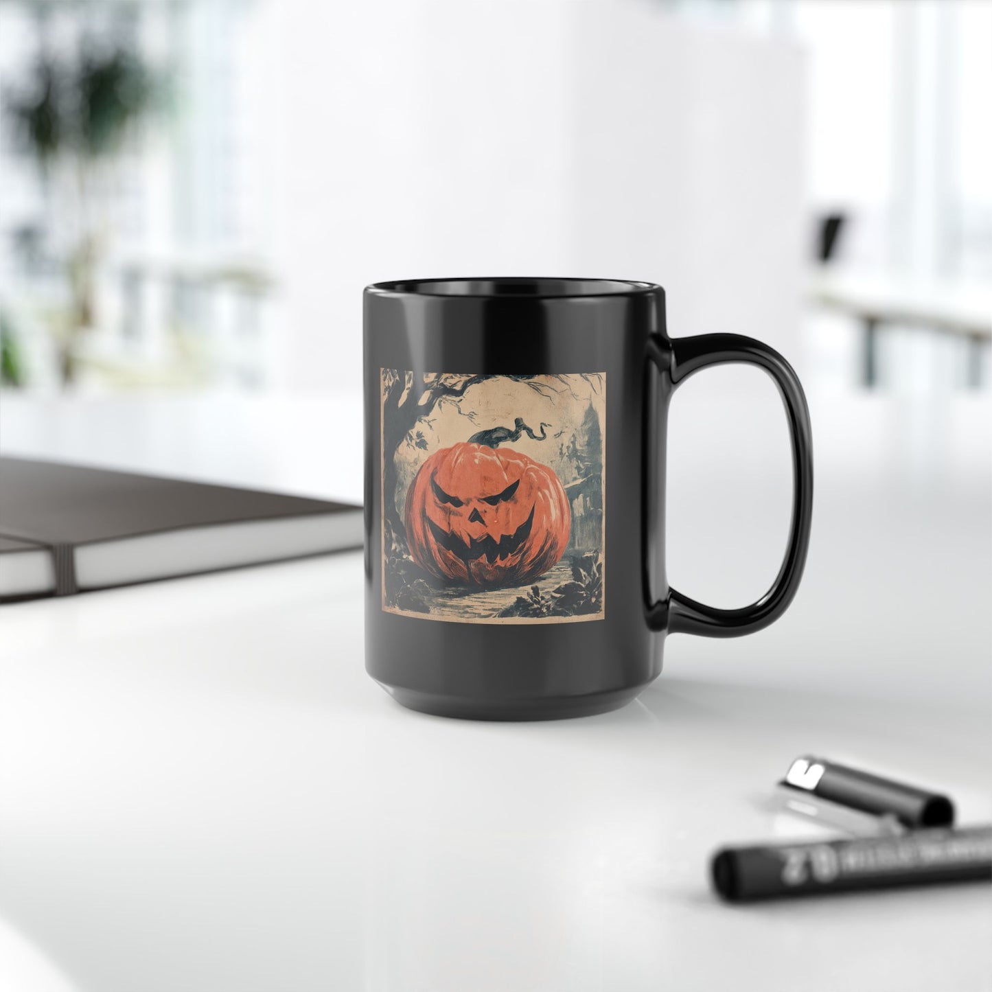 Halloween Pumpkin Jack-O'-Lantern Black Mug — Spooky Vintage Halloween Coffee Cup (11oz, 15oz)