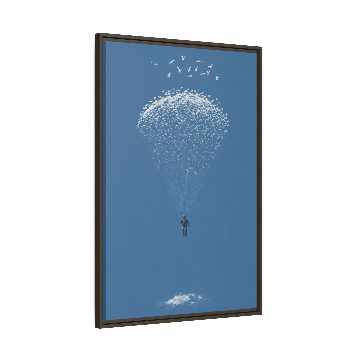 Framed Matte Canvas Art – Sky Diver with Bird Cluster Parachute (Blue)