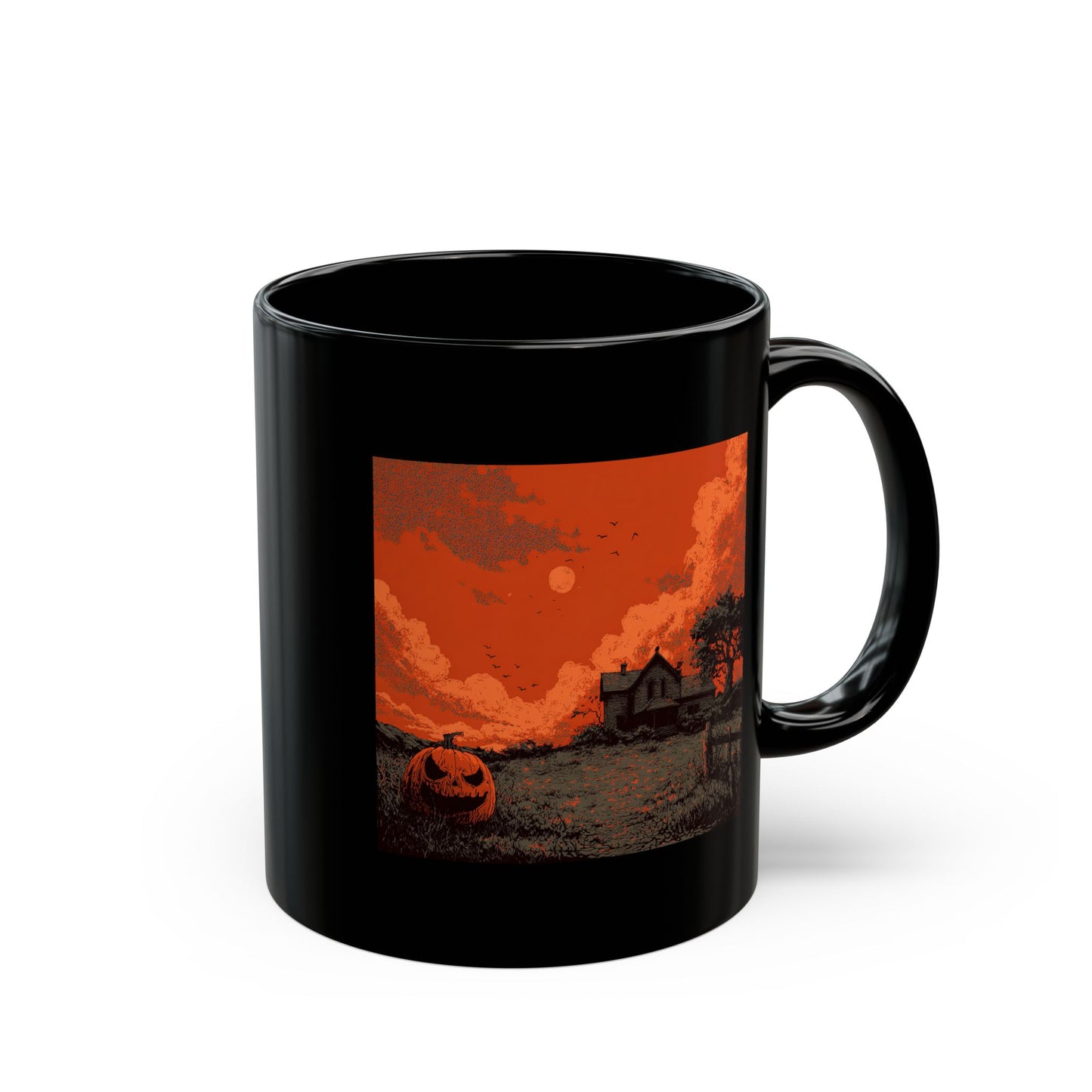 Halloween Pumpkin Field Black Mug — Spooky Haunted House Coffee Cup (11oz/15oz)