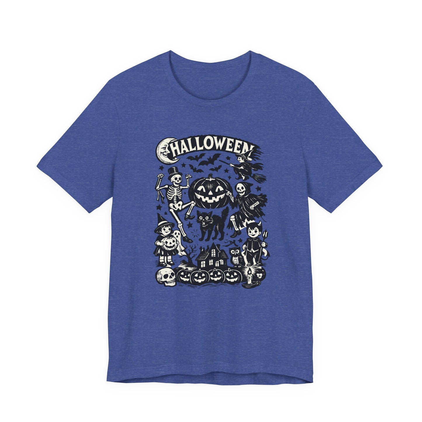 Halloween Vintage Monsters Tee — Retro Pumpkin, Skeleton & Haunted House T-Shirt