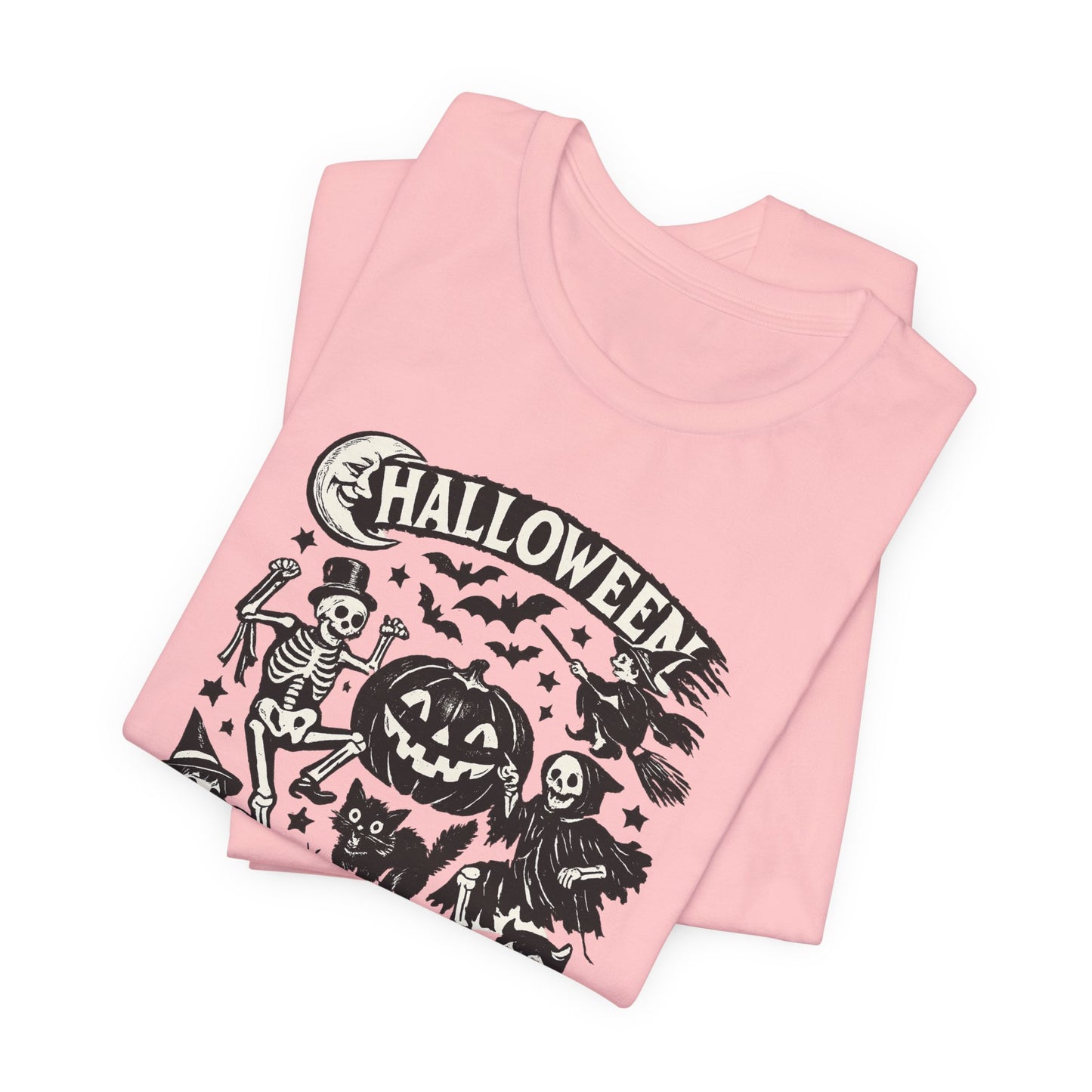 Halloween Vintage Monsters Tee — Retro Pumpkin, Skeleton & Haunted House T-Shirt