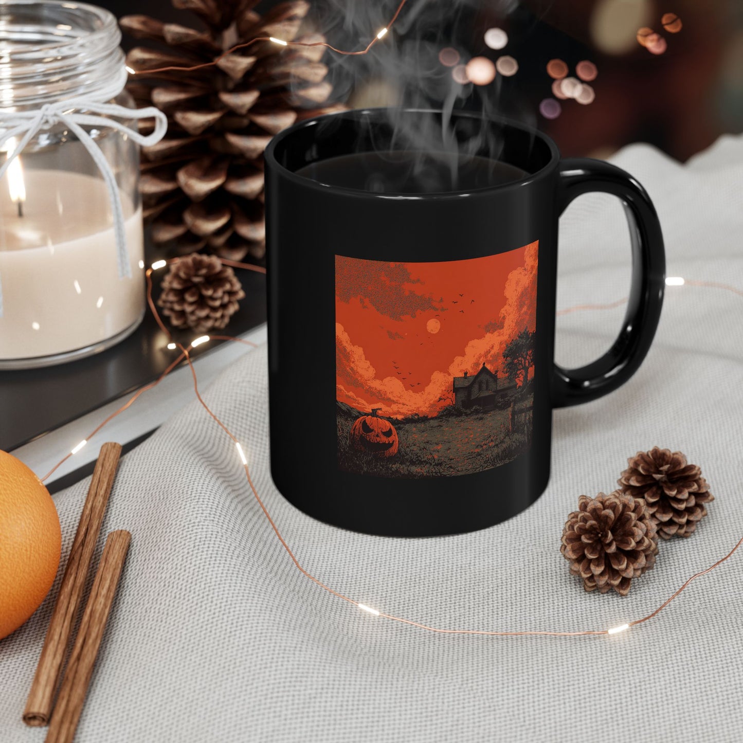 Halloween Pumpkin Field Black Mug — Spooky Haunted House Coffee Cup (11oz/15oz)