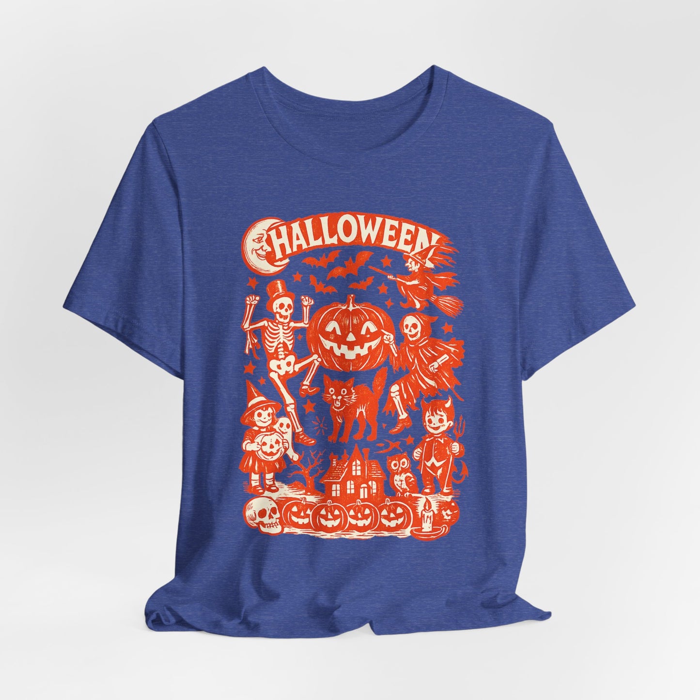 Halloween Retro Graphic Tee — Orange Vintage Spooky Characters