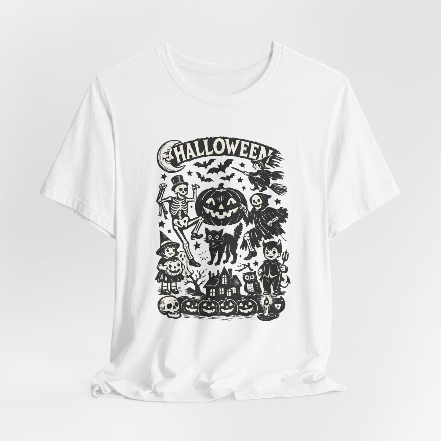 Halloween Vintage Monsters Tee — Retro Pumpkin, Skeleton & Haunted House T-Shirt
